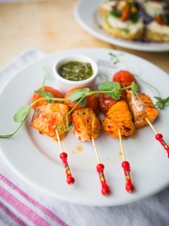 salmon skewers finger food for office meetings and corporate events in bristol