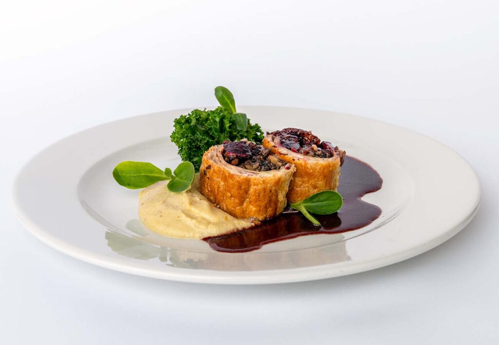 beetroot and mushroom wellington with spiced parsnip puree and red wine jus beetroot and mushroom wellington with spiced parnip puree and red wine jus