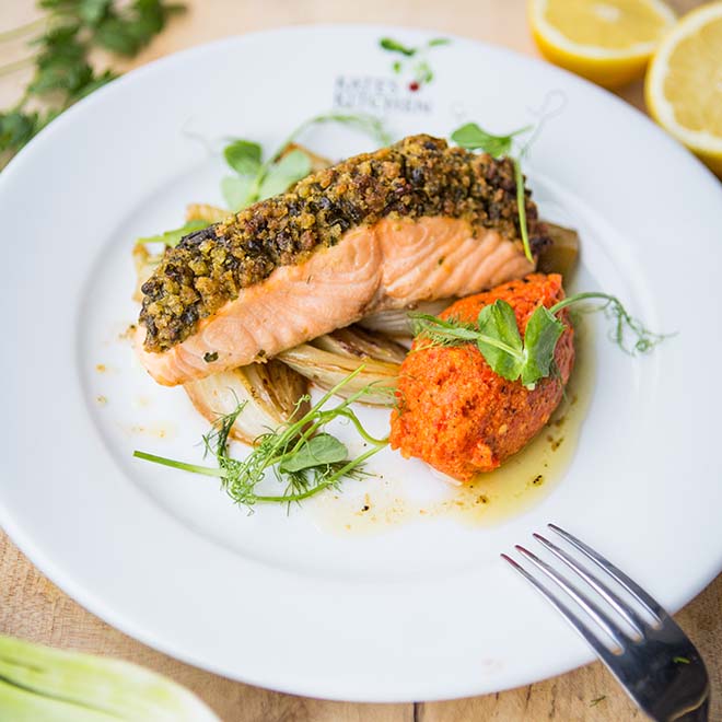 herb crusted salmon with tomato and fennel