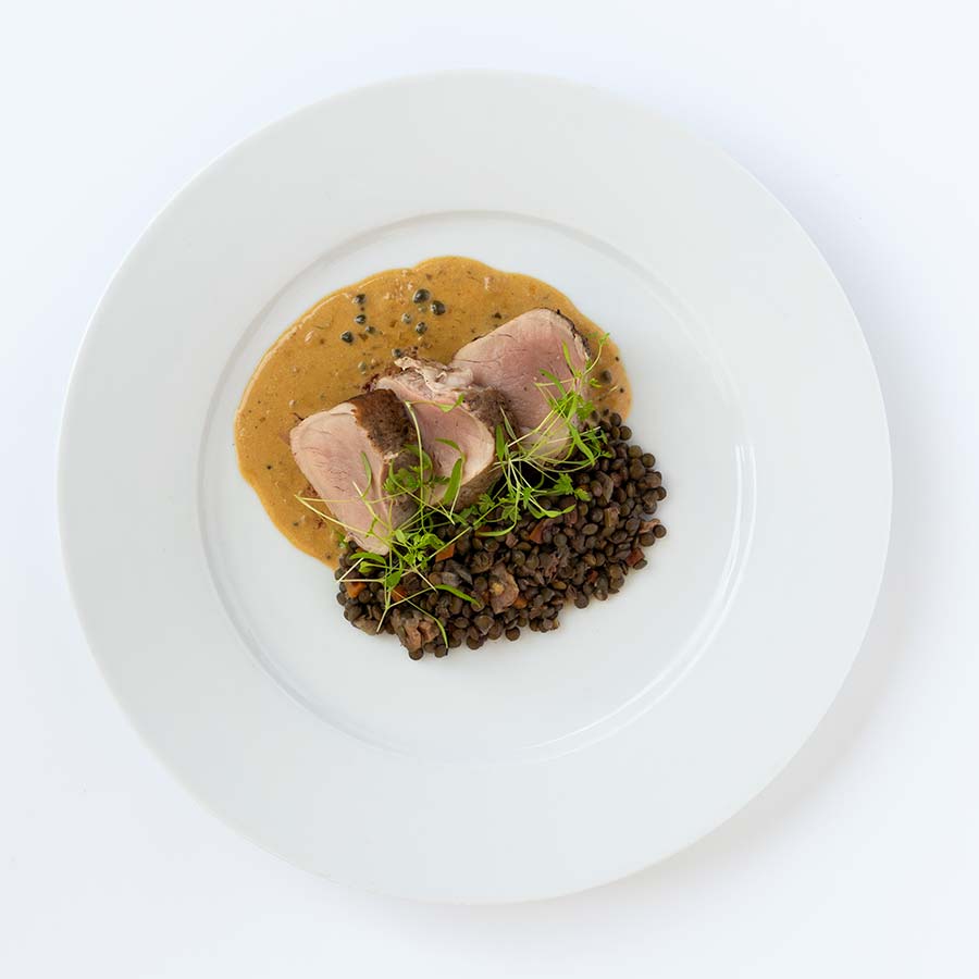 pork loin with brown lentils and cider sauce pork loin with brown lentils and cider sauce