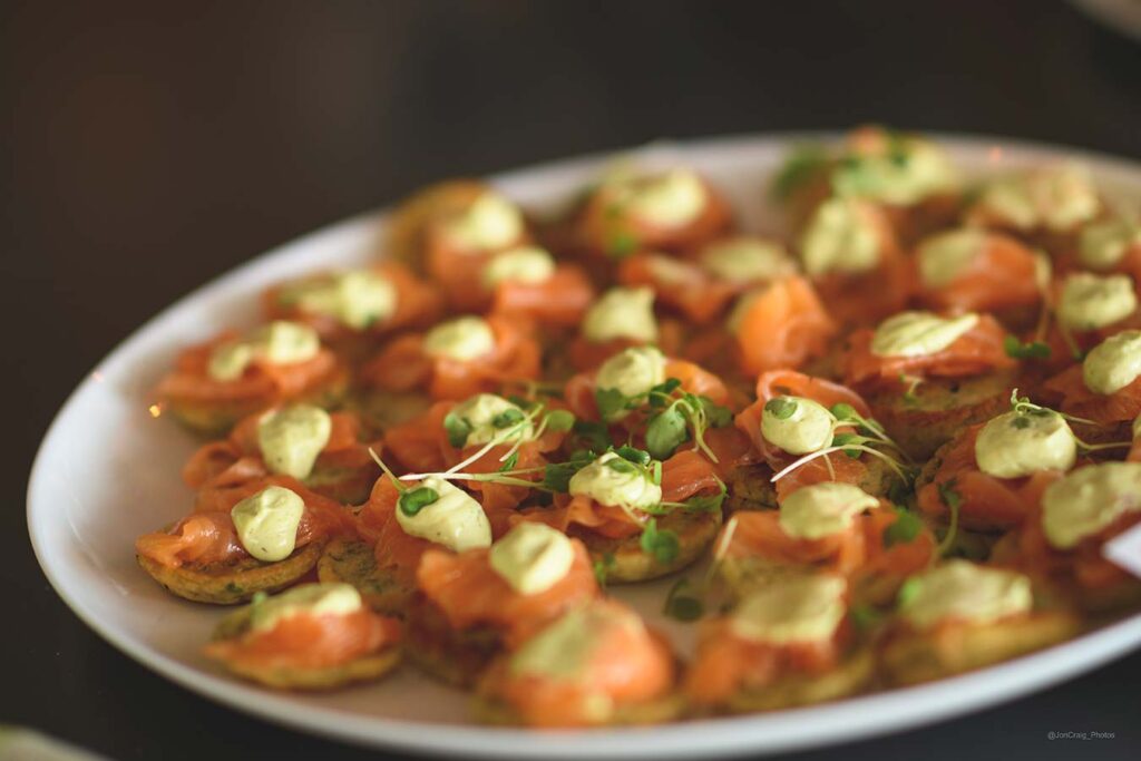 smoked salmon herb blinis with mustard creme canapes smoked salmon herb blinis with mustard creme canapes