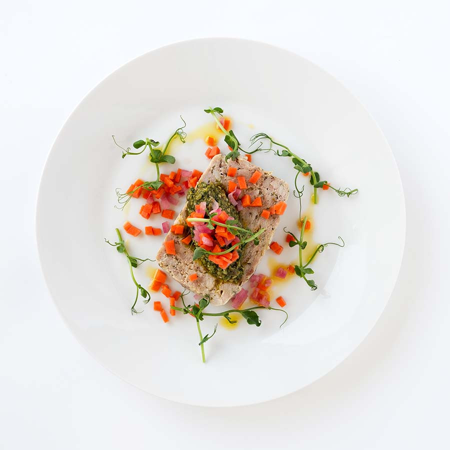 chicken terrine with pickled vegetables and herb pesto